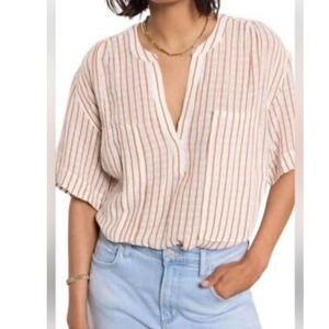 AMO Striped Split Neck Short Sleeve Blouse with Chest Pockets Linen Blend Medium